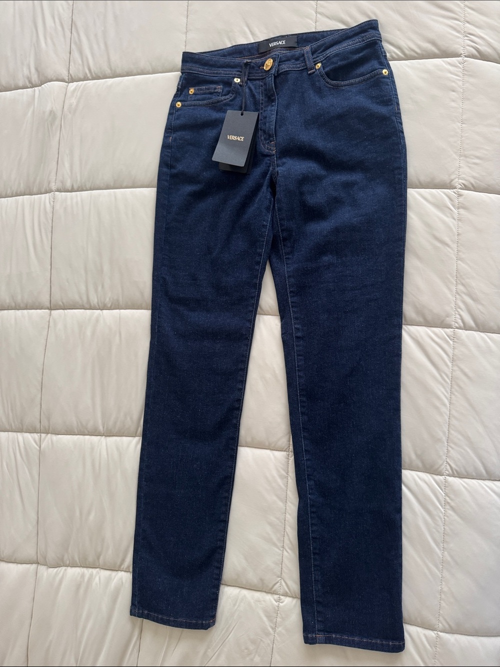 Versace Navy Slim Straight Jeans with Gold Hardware
